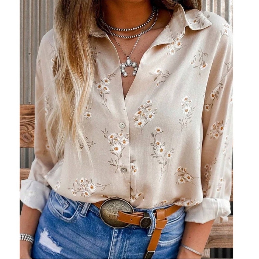 Boho Floral Print Button Down Poplin Long Sleeve Shirt XS S M L XL